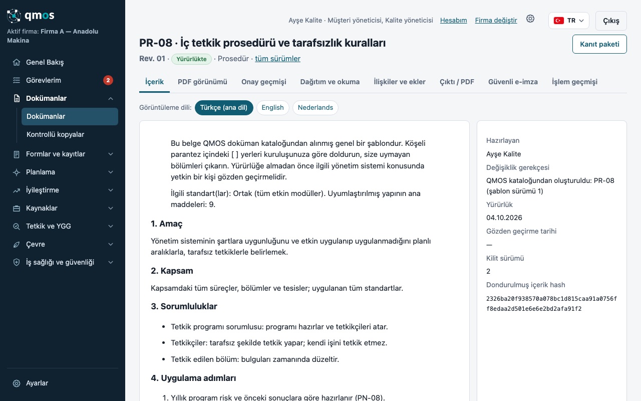 Doküman sürüm ekranı: sekmeler ve çok dilli içerik